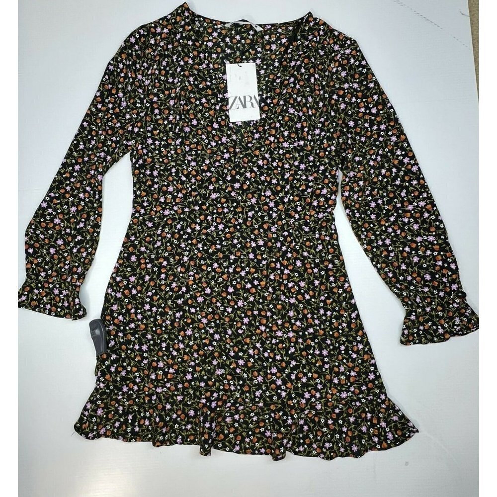 ZARA Floral Printed Peplum Top Sz S Black Red Ruffle Long Sleeves